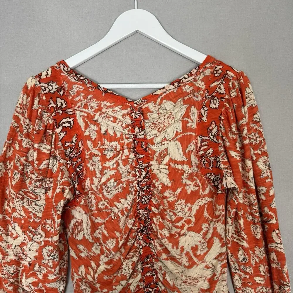 Free People Say The Word Top Womens Small Orange Floral Ruched Crop Cottage Boho